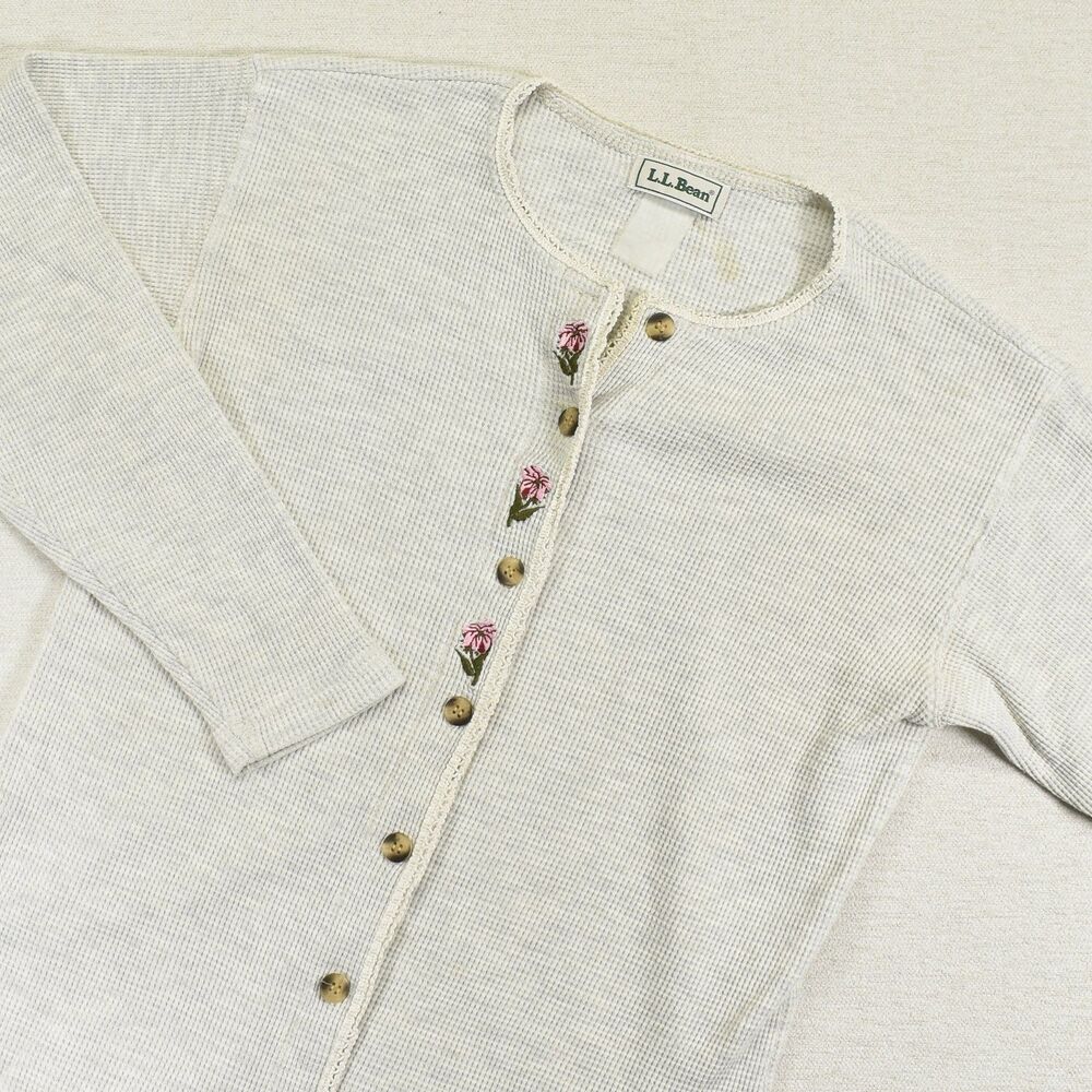 Vintage LL Bean Waffle Knit Cardigan Sweater Womens L Floral Embroidered Gray